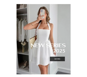 Detail of white halter neck mini dress with textured fabric and cinched waist design