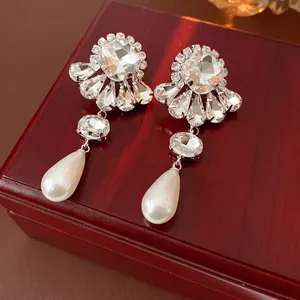 Flower Dangle Earrings Silver Earring Post Rhinestone Copper Water Drop Imitation Artificial Pearl Elegant Retro Court Style For Women
