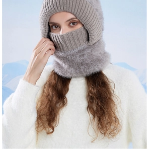 Detailed view of grey knitted thermal hood with thick faux fur lining and face mask feature