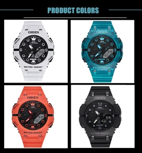 Dual display digital sports watch with water resistance in four vibrant silicone colors
