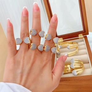 Fashionable gold open heart ring with micro-paved zircons and matching bangle