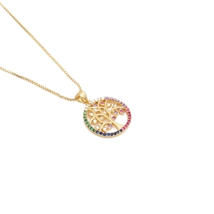 Golden Tree of Life necklace with multicolor cubic zirconia crystals on box chain