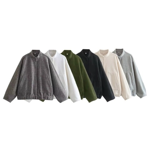 Detail view of standing collar fleece jackets in six different colors for women