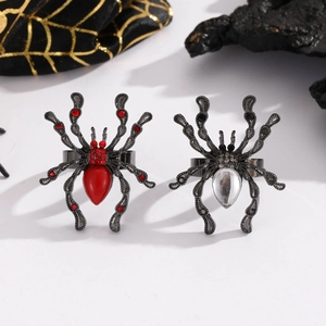 Bagues d'araignée gothiques d'Halloween avec cristaux rouges et clairs en métal noir