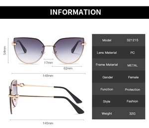 Detailed size chart and specifications for oversized cat-eye gradient metal sunglasses