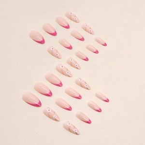 Blumige French-Tip Press-on-Nägel mit rosa Rand, weißen Blüten und Goldfolien-Linien