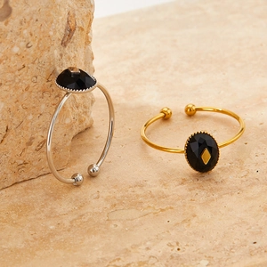 Vintage Open Ring And Cuff Bracelet Stainless Steel Faceted Faux Black Onyx Japanese Style Elegant Jewelry For Women