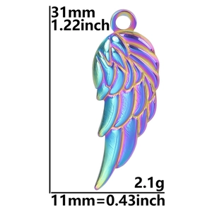 Detail view of rainbow plating wing pendant with 31mm height and 11mm width measurements