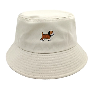 Cute puppy embroidery cream bucket hat for women with sun protection and casual style