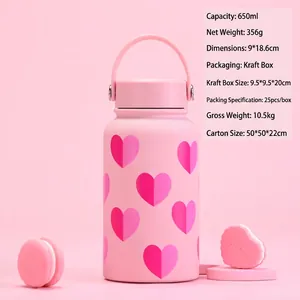 Bouteille en acier inoxydable rose 650ml avec motifs cœurs et détails de dimensions