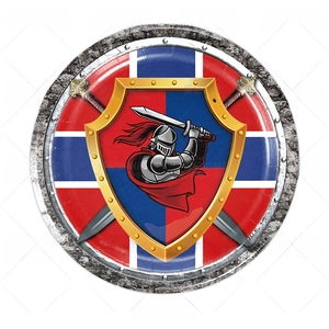 Medieval knight theme 9-inch disposable paper plate with cartoon hero and sword design