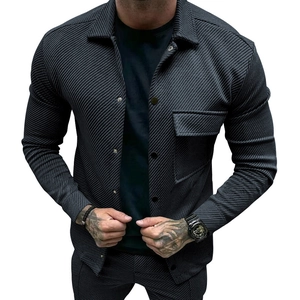 Men's slim fit dark grey twill jacket with lapel collar and single chest pocket