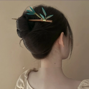 Pic À Cheveux En Bois Style Chinois Vintage Élégant Épingle À Cheveux Feuille De Bambou Verte Accessoires Cheveux