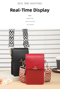 Close-up of mini square crossbody bags with golden leaf buckle and wide woven strap
