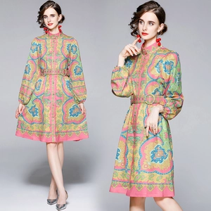 Abito Midi Stampa Paisley Colletto Alla Coreana Manica Lunga Lanterna Elegante Vestito In Poliestere Con Cintura