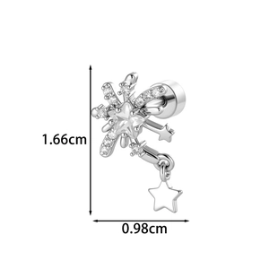 Exquisite silver firework star cartilage piercing stud with cubic zirconia and dimensions