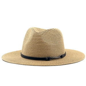 Outdoor straw fedora hat with brown leather band for women sun protection on beach