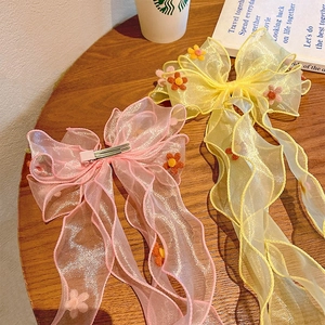 Pink and yellow floral organza hair clips for girls with stylish ribbon streamers