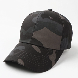 Close-up of camo baseball cap showing tactical fabric texture and reinforced visor stitching