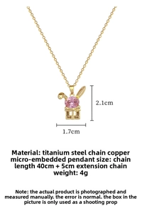Detail of pink rabbit pendant with cubic zirconia bow and 45cm titanium steel chain
