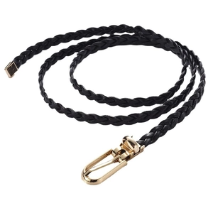 Elegant black woven PU leather belt for women with a gold metal buckle on white background