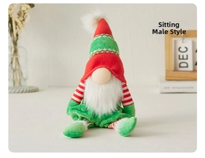 Detailed view of plush Christmas gnome with red and green striped hat and white beard