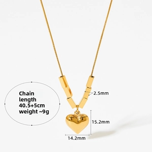 Detailed size specifications of gold heart pendant necklace with cylindrical beads