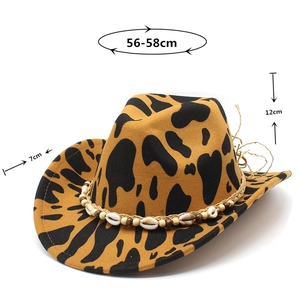 Detail view of leopard print jazz hat with shell band and dimensions 56-58cm circumference