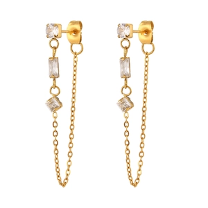 Golden stainless steel drop earrings with circular and geometric zircon stones for women