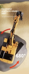Top view of remote control excavator with a 680-degree rotating workbench on sand