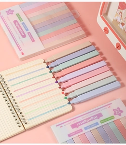 Detail of 12-color macaron highlighter set showing chisel tip strokes on grid paper