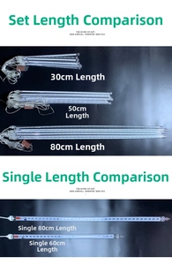 Detail of LED meteor shower lights in 30cm to 80cm lengths with transparent tubes
