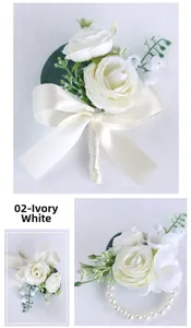 Ivory white artificial rose boutonniere and pearl wrist corsage set for wedding