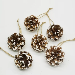 Set of 6 natural pine cones with white snow tips and jute strings for Christmas tree decor