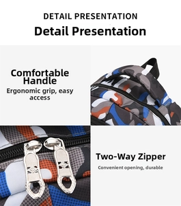 Detail of thickened carry handle and smooth dual metal zippers on camouflage backpack