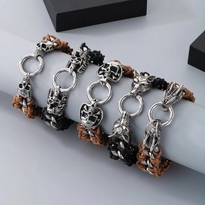 Men Braided Microfiber Leather Bracelet With Stainless Steel Skull Wolf Dragon Head Retro Punk Gothic Biker Style Jewelry