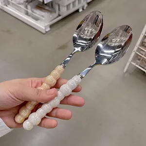 Ins style stainless steel spoons with unique pearl bubble handles in cream and white colors