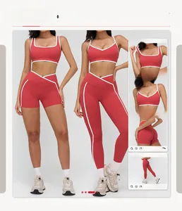 Detail view of brick red yoga set showing high-waist leggings and contrast trim sports bra