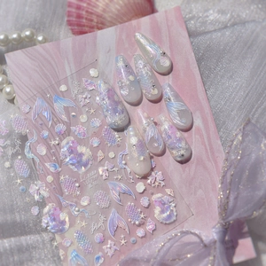 Autocollants 3D sirène pour ongles avec motifs de coquillages et étoiles de mer irisées
