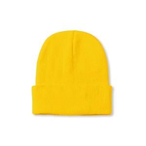 Detail shot of the bright yellow knitted beanie featuring fine flat knit texture and cuff