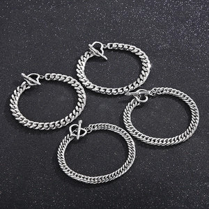 Four-piece silver 8mm titanium steel Cuban curb chain bracelet set with toggle clasp