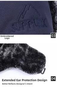 Detail of windproof SUPPLEX navy plaid fabric and thick grey faux fur on the trapper hat