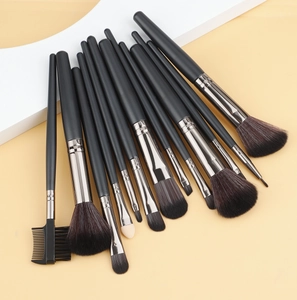 Disposition en éventail de 13 pinceaux de maquillage avec manches noirs mats et bagues argentées