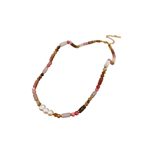 Bamboo style multi-color natural stone necklace with freshwater pearls and gold lobster clasp