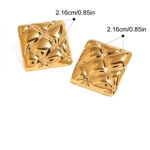 Detailed view of square golden quilted pattern earrings in high-quality stainless steel