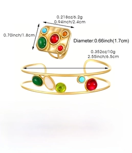 Detailed size specifications for vintage stainless steel gemstone ring and bangle set