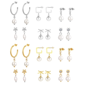 Stainless Steel Artificial Pearl Drop Earrings For Women Elegant Geometric Flower C Shape Zircon Dangle Jewelry