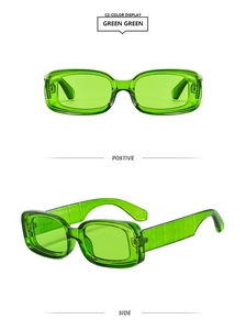 Front and side view of trendy thick frame transparent green rectangle sunglasses