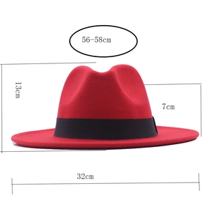 Detailed size chart for red felt fedora showing brim width and head circumference