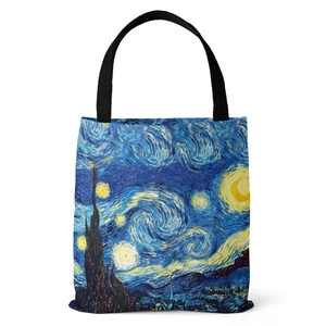 Artistic Van Gogh Starry Night canvas tote bag with black handles on white background